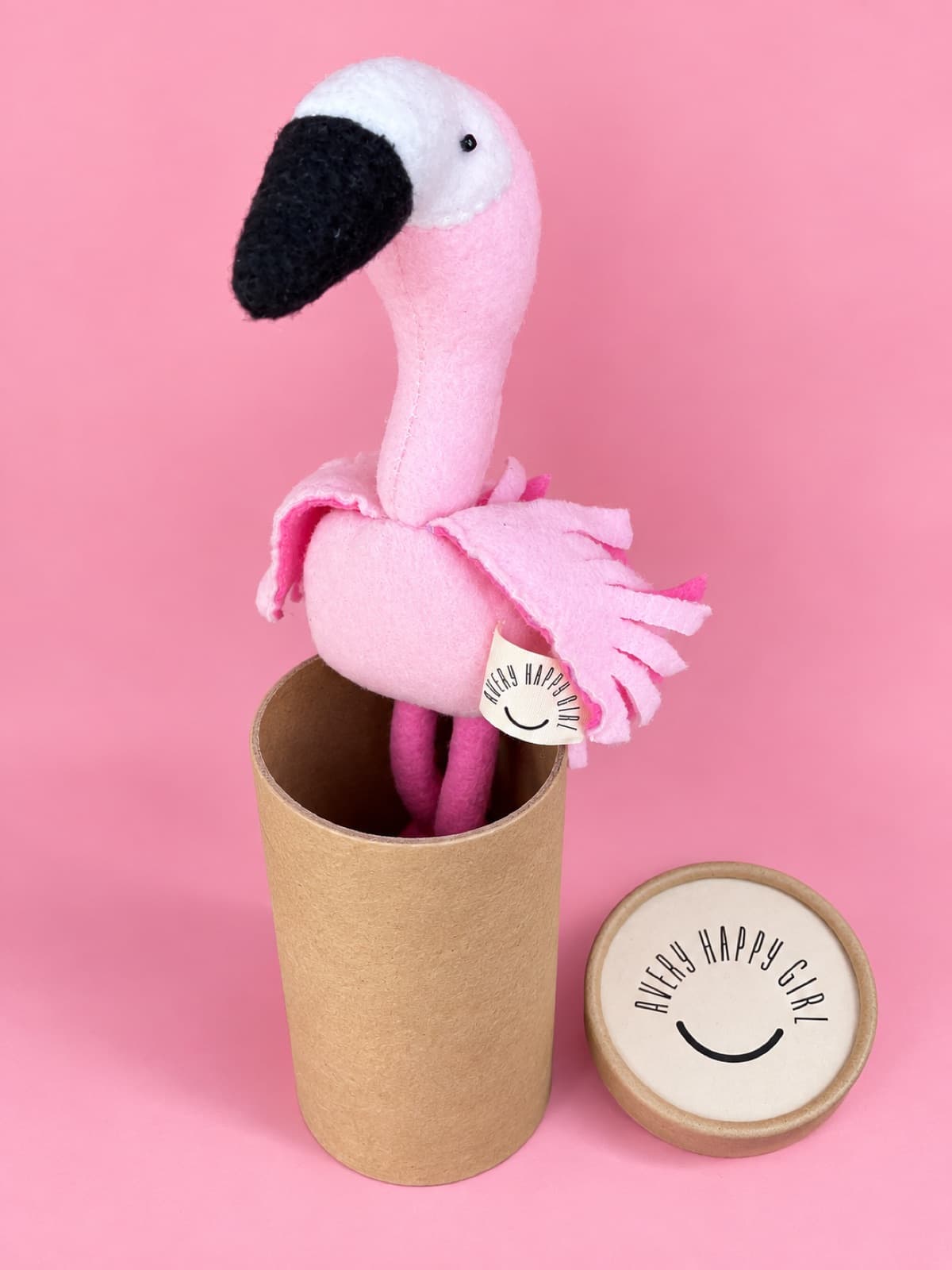 Avery's handmade pink flamingo with Avery Happy Girl packaging