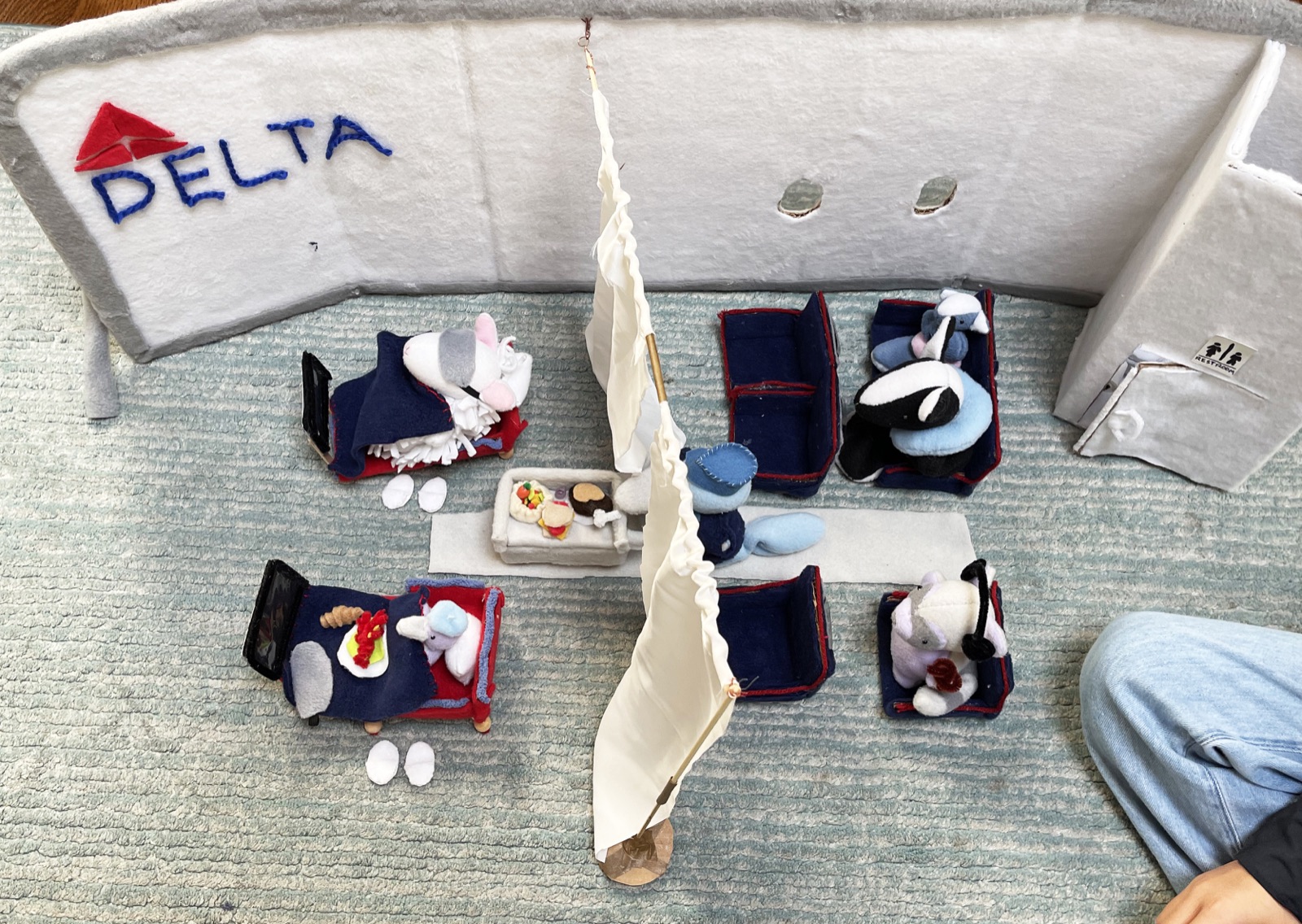 An overhead view of Avery's handmade miniature airplane cabin